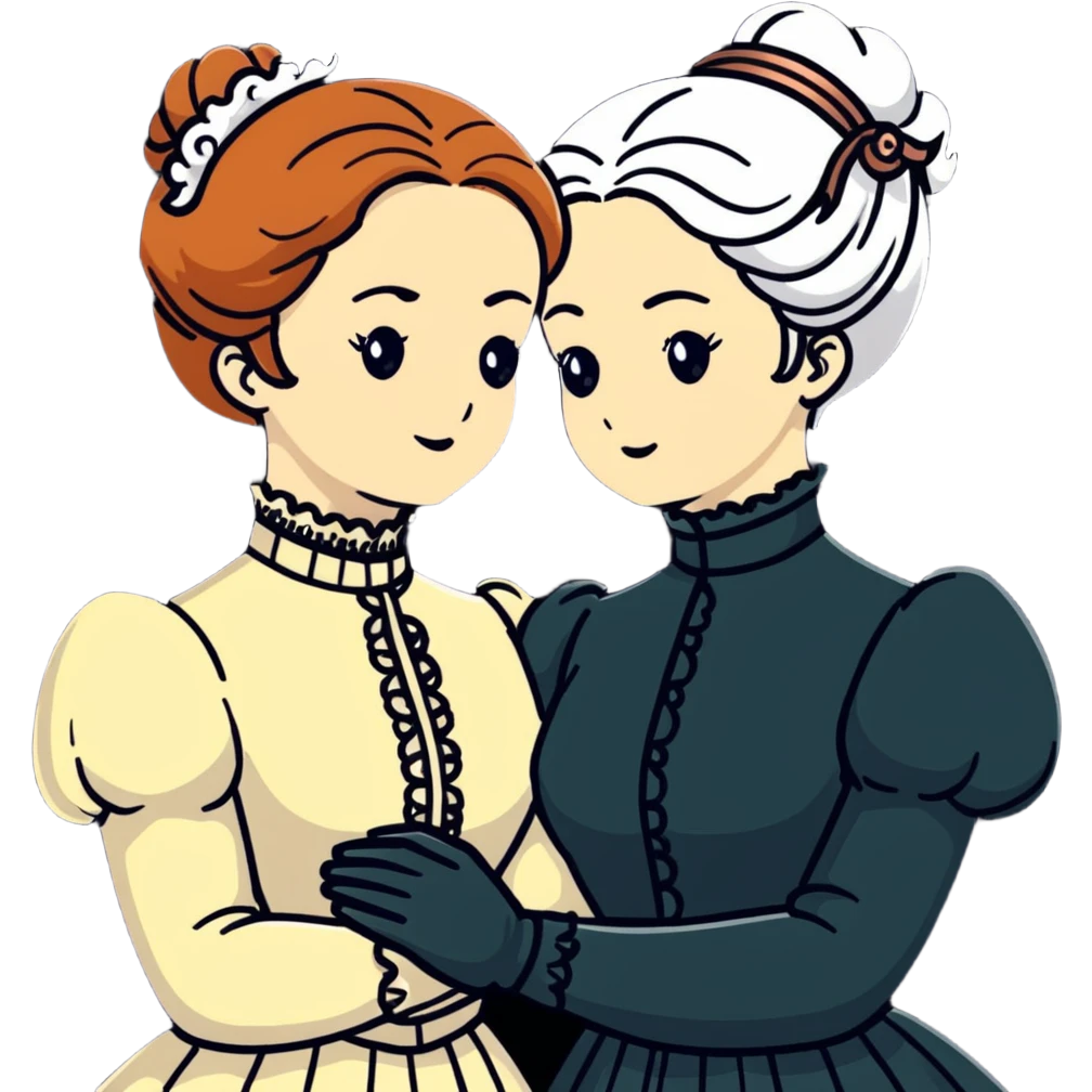 Two Victorian women embracing, one with white coiffed hair and one with copper coiffed hair, both with light eyes, wearing Victorian high-neck dresses emoji