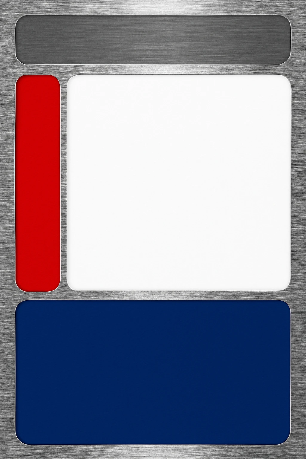 Edit the card image to render only the frame area as brushed metal texture. Remove all text and labels from the card. Keep the rest of the card layout and colors unchanged: gray title bar, red vertical bar, white main area, blue bar at the bottom. The brushed metal effect should be realistic and only applied to the frame area, preserving the original colors and layout elsewhere. emoji