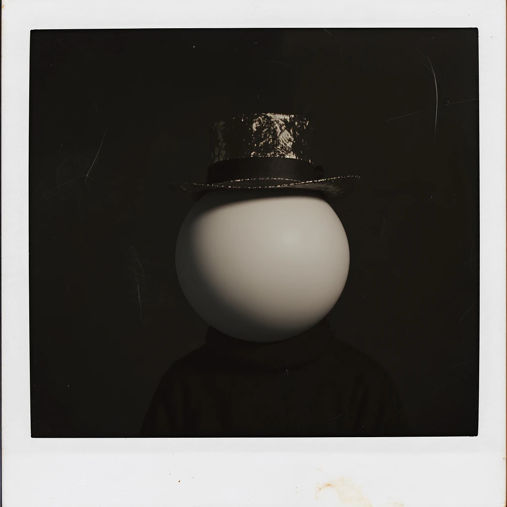 A black and white sphere with a head shape, wearing a small foil hat emoji