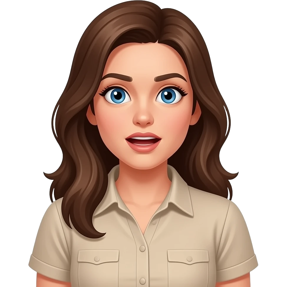 Make a white female with brown hair and blue eyes. Have them wear a beige short sleeved shirtmake the emoji look both excited and confused emoji