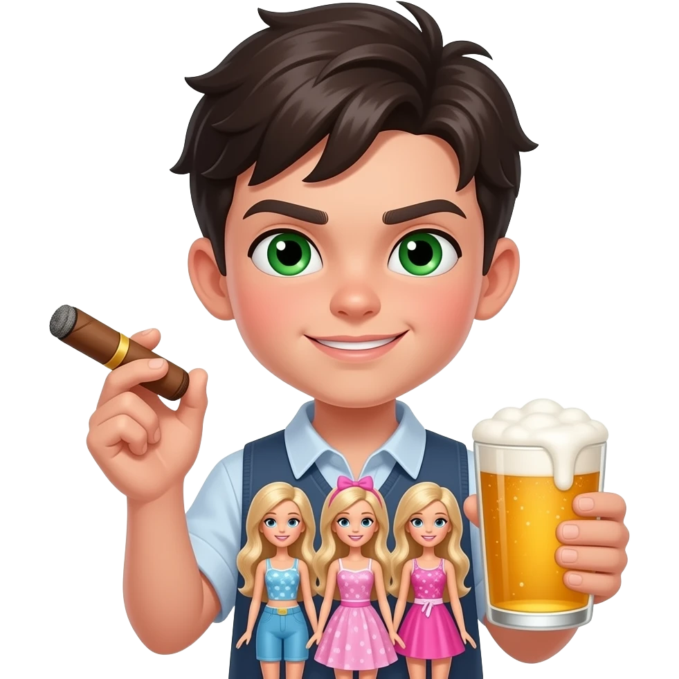Little slim dark haïr boy with green eyes very arrogant Andry face, with a cigar, three barbies in one hand and a beer in another emoji