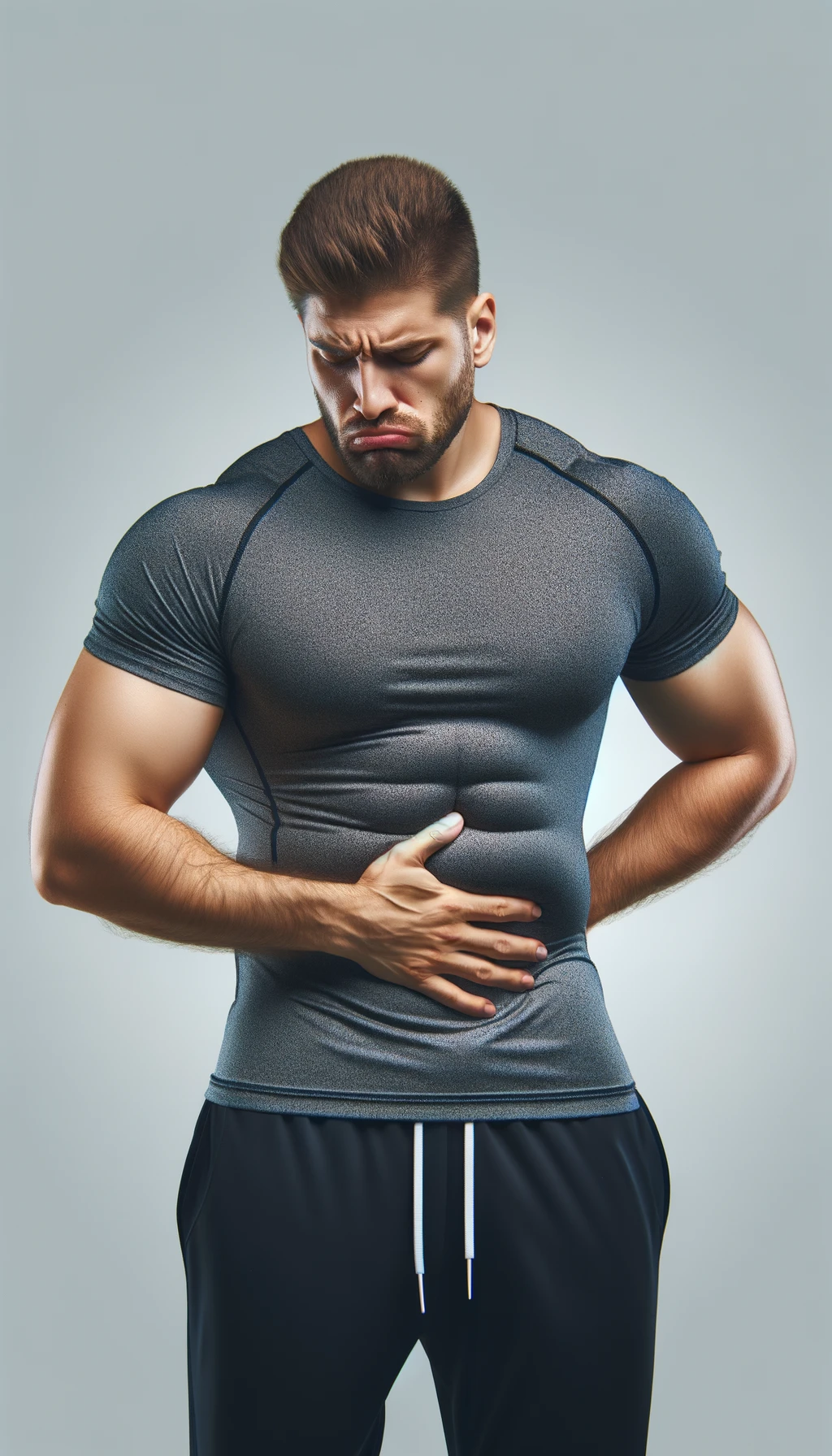 UOMO FITNESS LEGGERMENTE SOVRAPPESO, SI TOCCA LA PANCIA CON ESPRESSIONE DISPIACIUTA IN VOLTO, iperrealistico 4k emoji