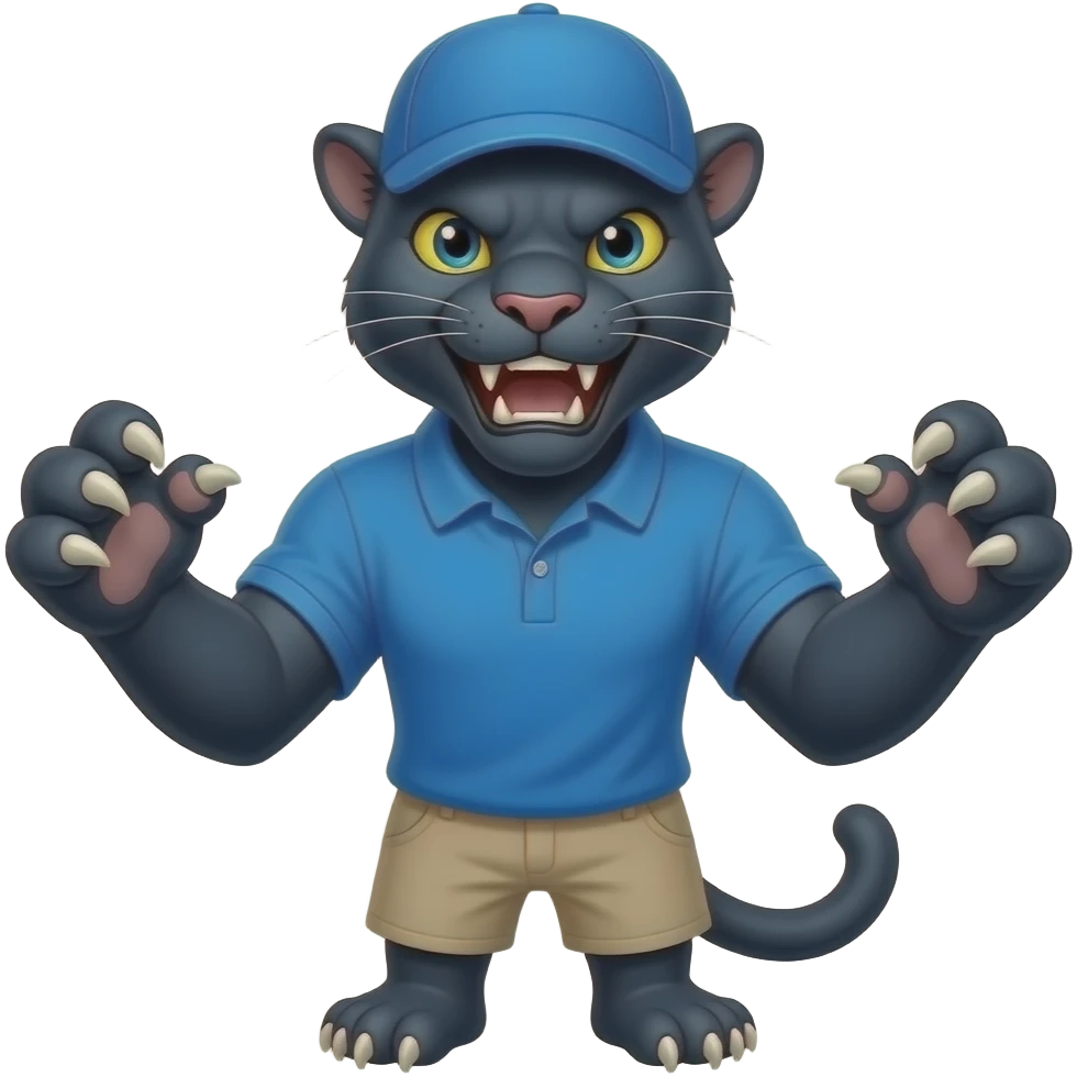 hazme una pantera imponente fuerte y poderosamostrando garras y comlillos con polo azul y gorra deportiva sin logos emoji