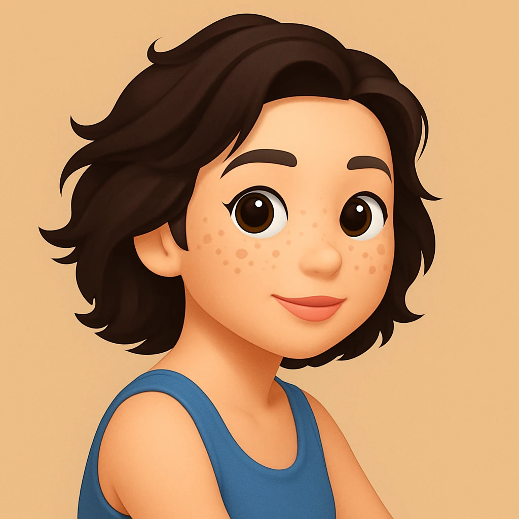 turn the second man in emoji style of the 1st image, match the facial features and match dressing style of the 2nd image, she is wearing blue tank top lose, side pose emoji