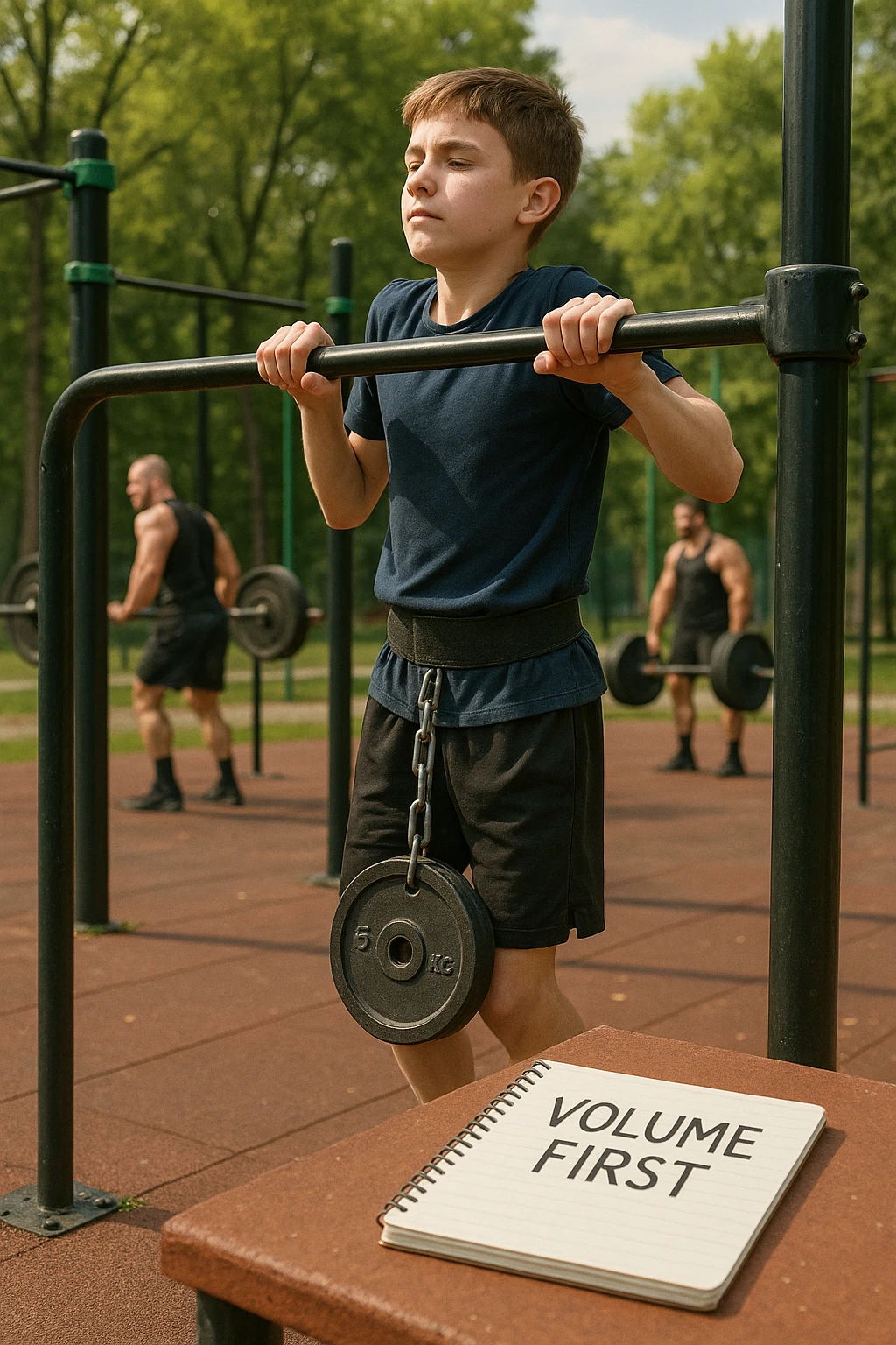 Atleta neofita giovane in un parco attrezzato per streetlifting, fisico ancora in fase iniziale. È intento a eseguire molte ripetizioni di esercizi a corpo libero con pesi leggeri (zavorra moderata), come trazioni e dip su parallele. Accanto a lui un taccuino di allenamento con la scritta 'Volume First'. L’atmosfera è luminosa e motivante, con altri atleti più muscolosi che sollevano carichi pesanti, ma lui è concentrato sul gesto tecnico e sulla costanza. Stile realistico, colori naturali, messaggio educativo su priorità all’adattamento progressivo e al volume. emoji