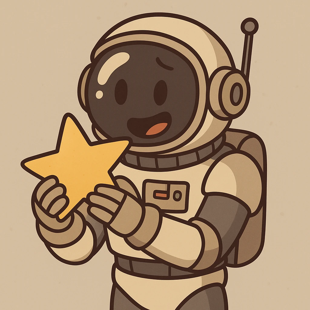 robot astronaut holding a star, cartoon style emoji
