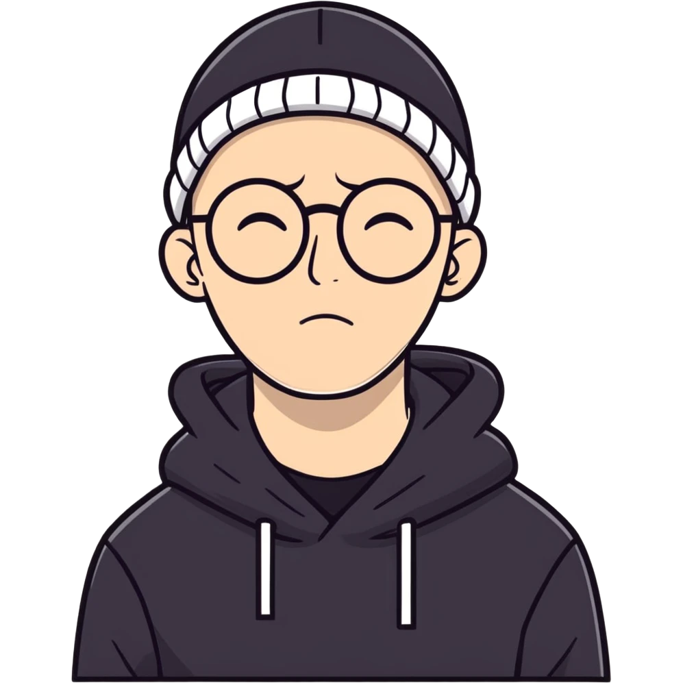 bald white guy with glasses, wearing a black beanie, black hoodie, sad expression, left on delivered text emoji