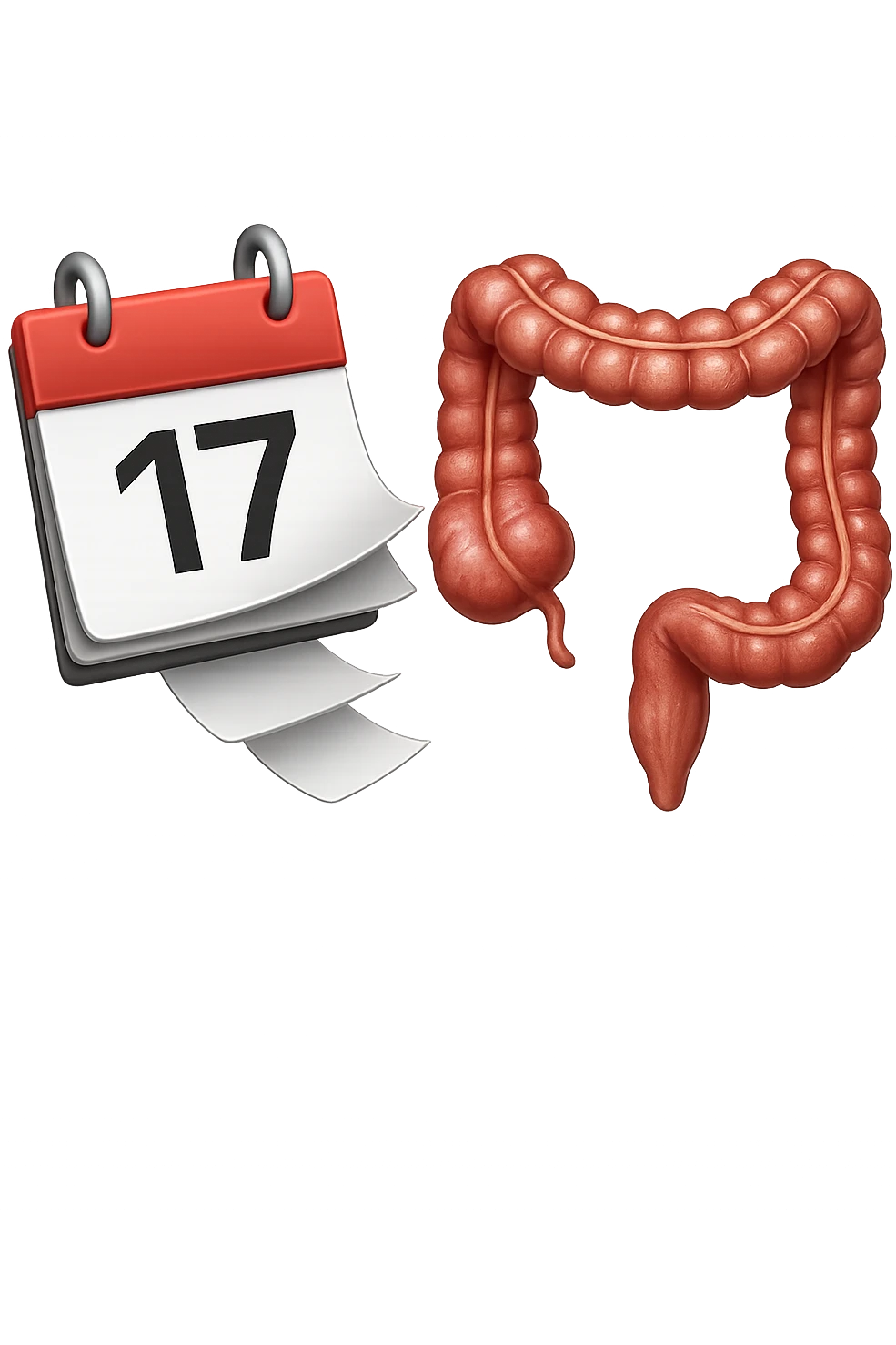 emoji stile iphone di un calendario con fogli che volano insieme a pezzi anatomici di colon umano, iperrealistico 4k, isolato su sfondo bianco emoji