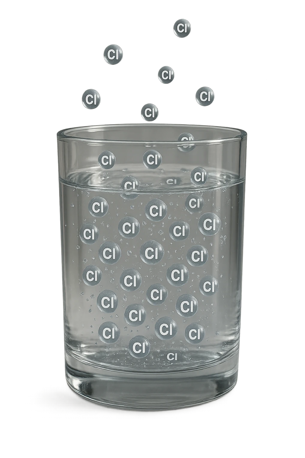 un bicchiere di acqua fluttua in aria realistico e dettagliato, dentro l'acqua del bicchiere ci sono particelle di cloro ben visibili con la scritta "Cl" sopra, ci sono particelle anche che escono dal bicchiere e fluttuano in aria verticalmente, mentre alcune sono all'interno dell'acqua nel bicchiere, iperrealistico 4k emoji