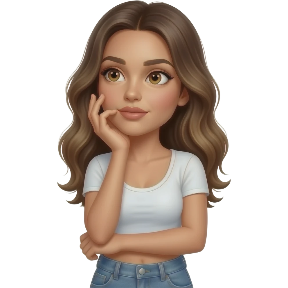 Adriana Lima looking woman that is wearing white crop top and jeans and has dark blonde hair and hazel eyes and is thinking and has one hand on her cheek and looking up she needs to look sexy emoji