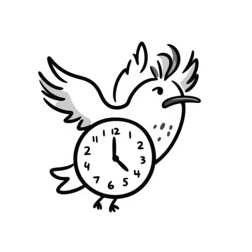 whimsical hand-drawn doodle of a clock with wings, notion style emoji