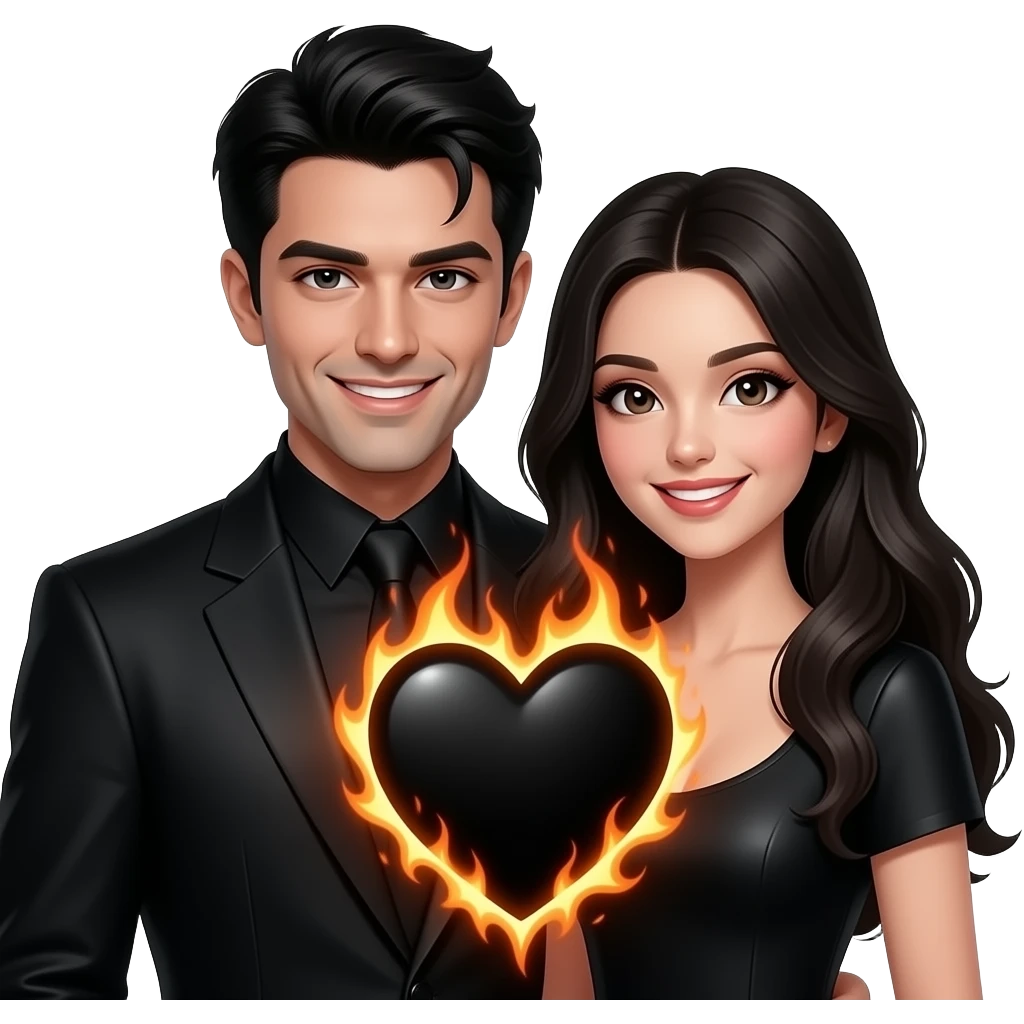 sexy dark gothic man and woman smiling with fiery black heart in the middle of them. Fantasy realistic emoji
