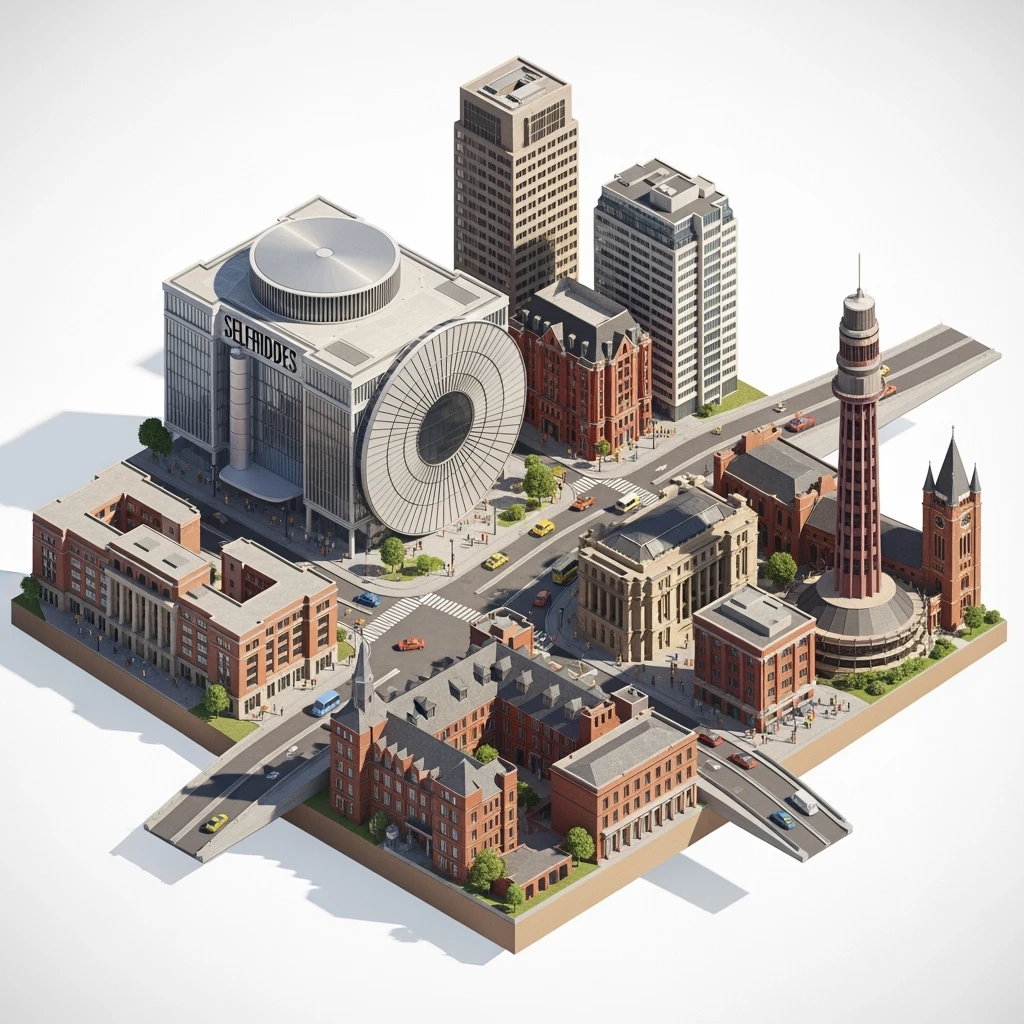 Isometric illustration of Birmingham, balanced between stylized and realistic, 3D miniature effect, transparent background. emoji