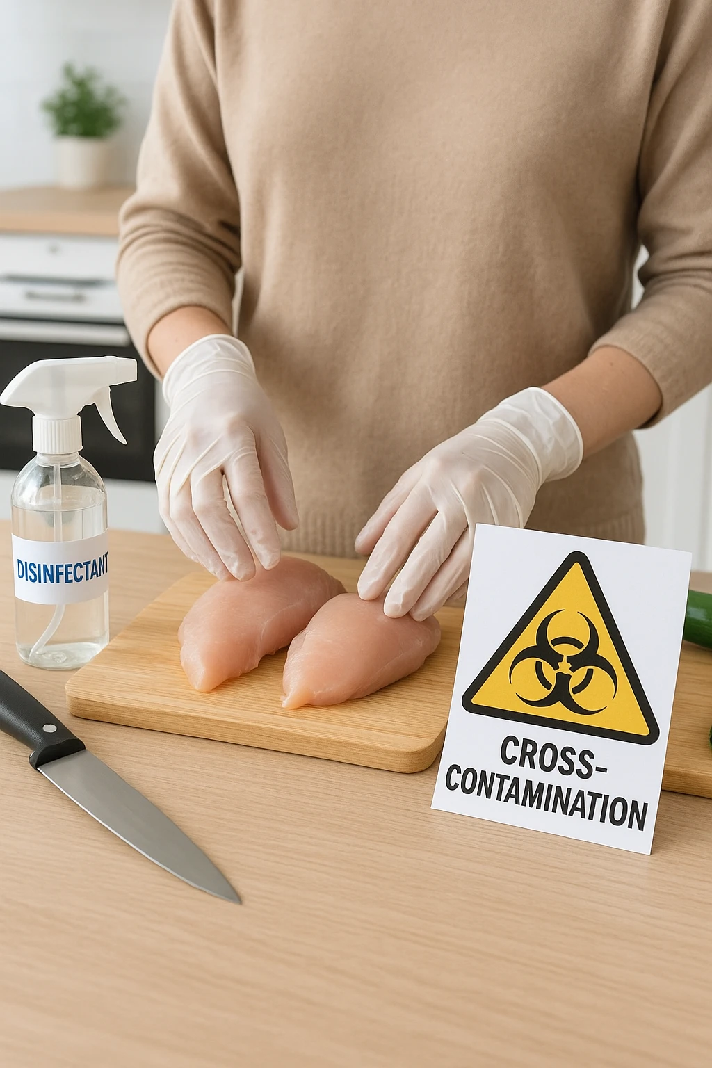 a person in a modern kitchen handles raw chicken breasts on a cutting board, wearing disposable gloves. Nearby, a bottle of disinfectant spray, a separate knife for vegetables, and a warning sign about cross-contamination are clearly visible. The mood is educational, emphasizing safe food handling. emoji