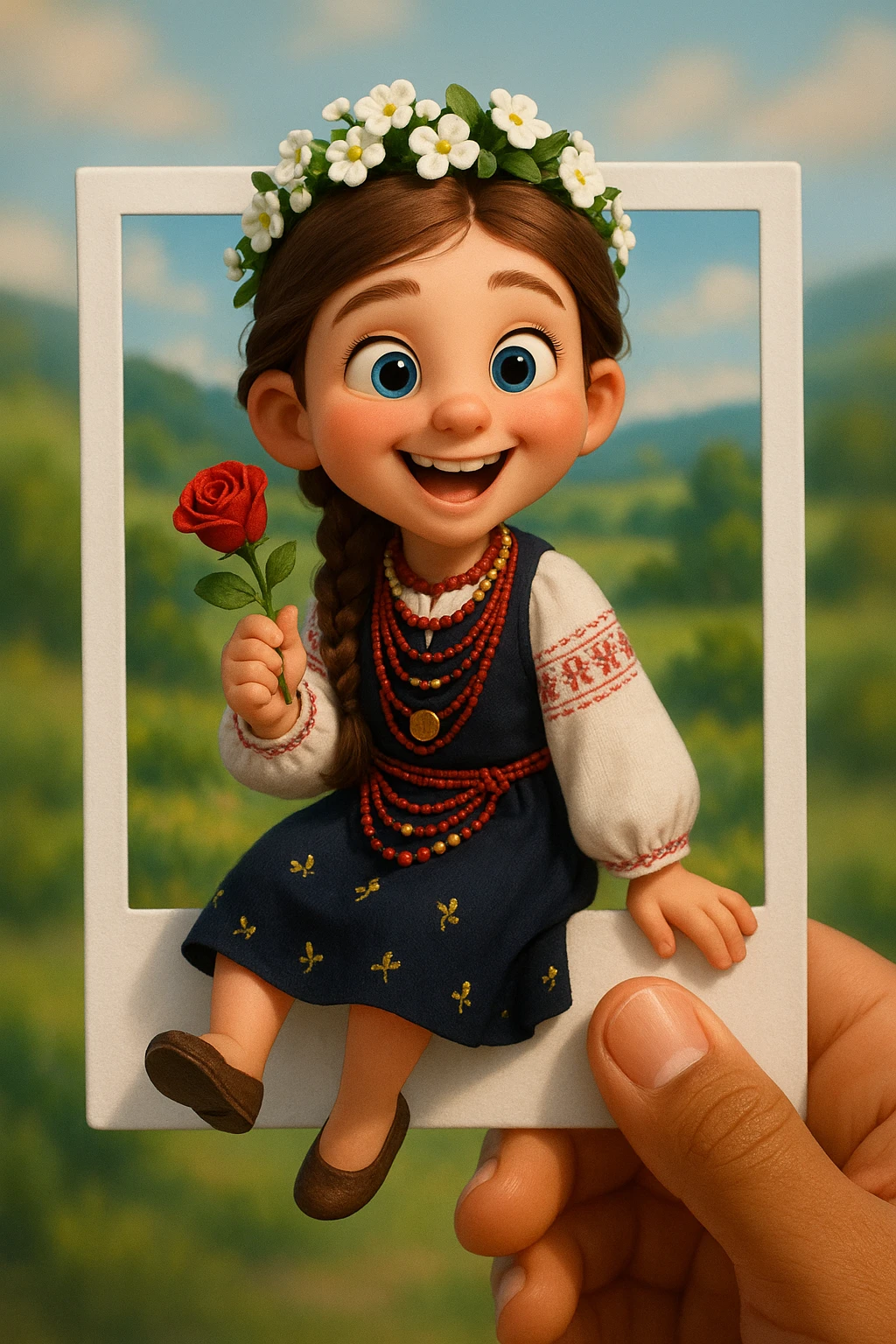 Based on the provided image, create a cute, stylised 3D character sitting playfully on the edge of a white Polaroid-style frame with one leg hanging off the edge. The character is holding a red rose and is wearing the same clothes as in the reference image.
The background is a soft, blurred landscape with a Ukrainian scenery.
The frame is held by a human hand with warm (light brown) skin tone.
The character has a happy, expressive face and Pixar-style lighting. The composition is centred, with realistic soft shadows and bright natural lighting.
Aspect ratio: 2:3. emoji