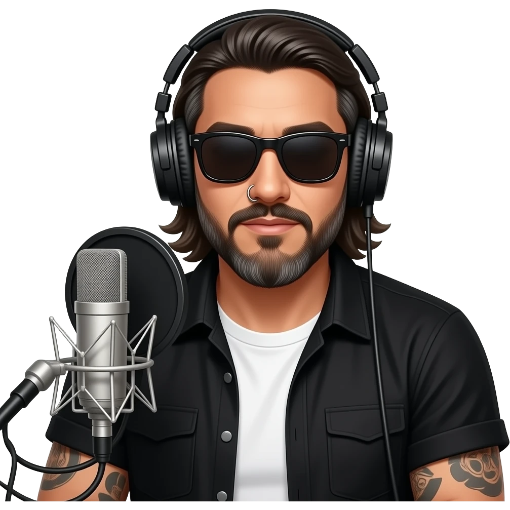 A podcast host wearing headphones and sitting in front of a microphone who is a handsome Latino man with medium length hair and pretty long beard with some grays and tattoos with a right nose hoop and a left earring hoop wearing all black with a white undershirt and black sunglasses emoji