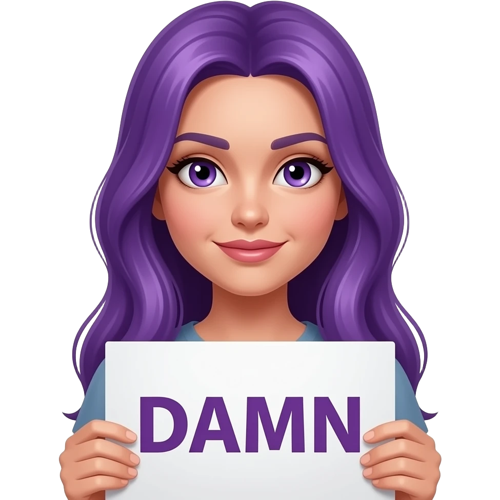 sexy girl with long purple hair and purple eyes holding a DAMN sign emoji