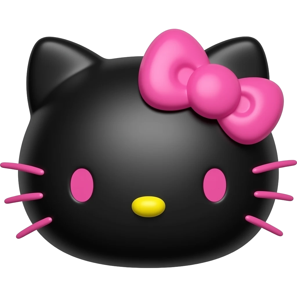 Recreate this Hello Kitty-style 3D emoji, keep the black face and overall design unchanged, change the eyes and whiskers to pink, keep bow pink and nose yellow, smooth glossy 3D style, centered, no background, high resolution. emoji