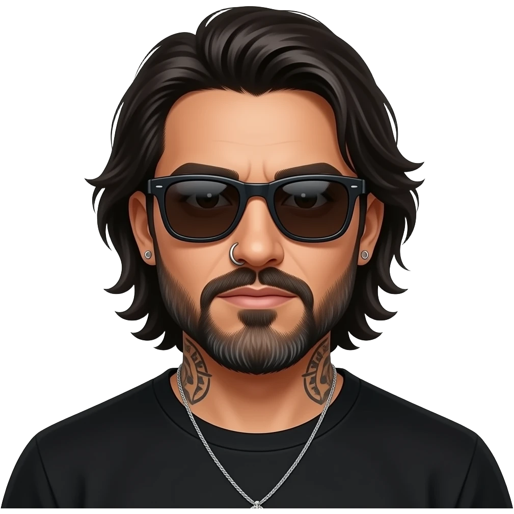 The handsome manly Latino podcast host with medium length hair, a long slightly graying beard and tattoos with his ears pierced 1 time each ear and a nose ring on the right side, dark brown eyes, wearing black, dark sunglasses, and jewelry, ready to fight emoji