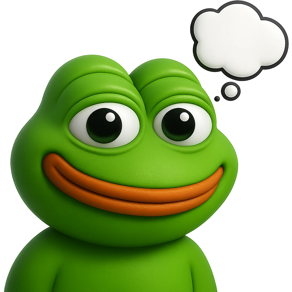 make a pepe in bright green smiling and looking straight at the camera with thought bubble looking at right right in 3d style, good highlights and shadows, drop shadows emoji