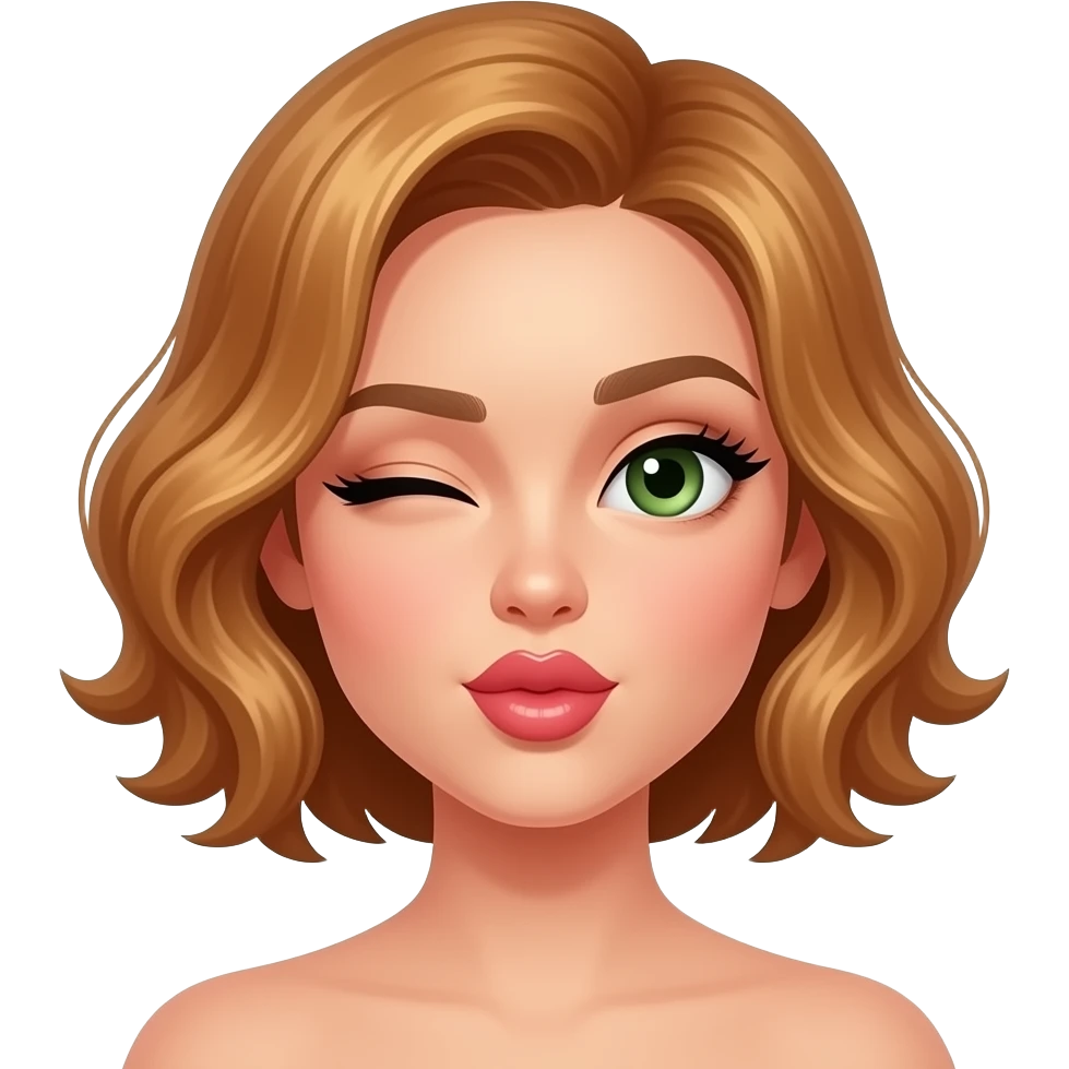 white, very beautiful woman, with big plump lips, long long lashes, honey wavy short hair, green eyes, winking and blowing a kiss emoji