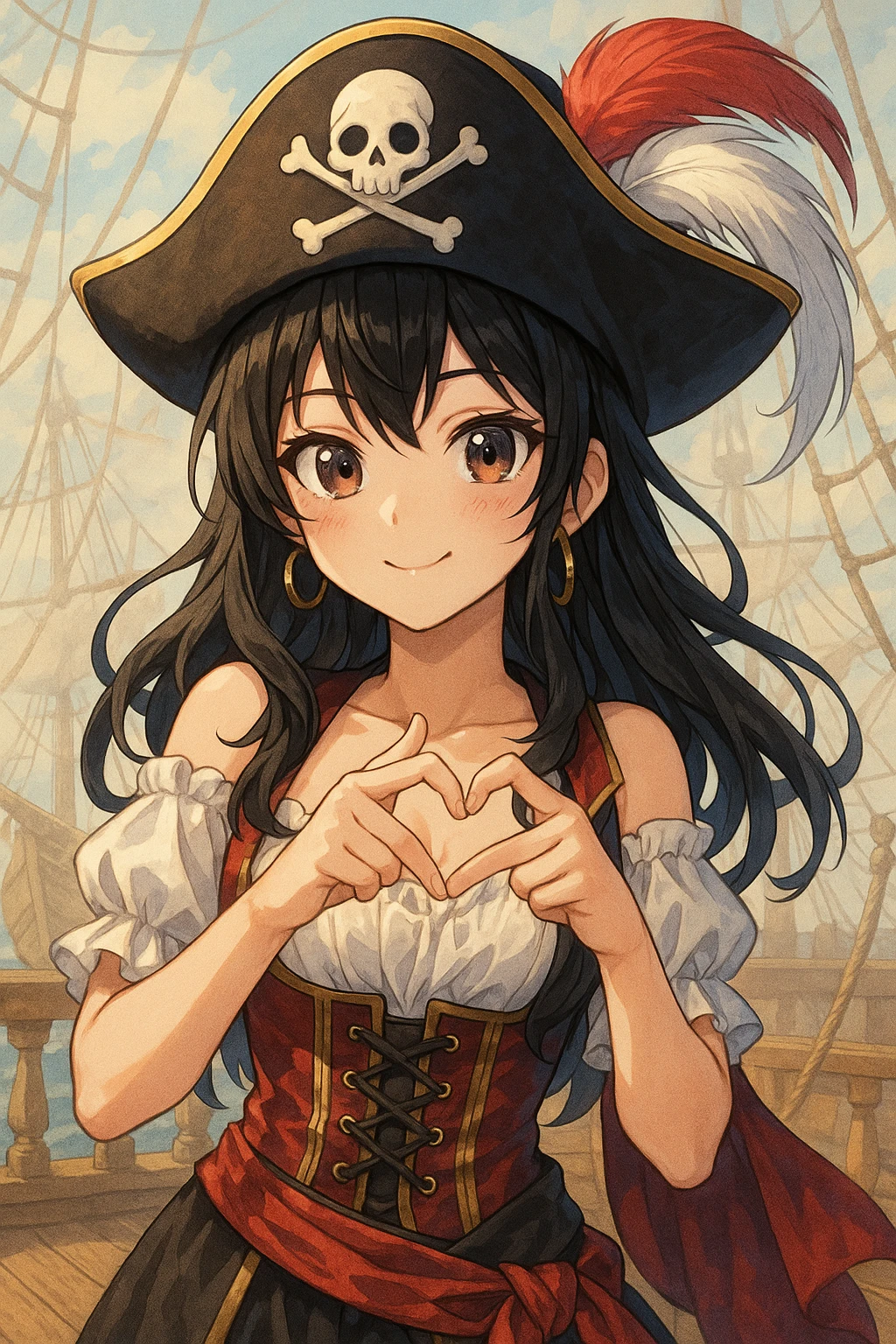 a girl pirate with black hair doing a Korean heart sign with her hands, detailed anime style emoji