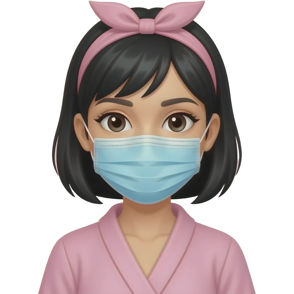 White girl with short black hair wearing a face mask and a pink skincare headband, with a light pink robe, iPhone emoji style emoji