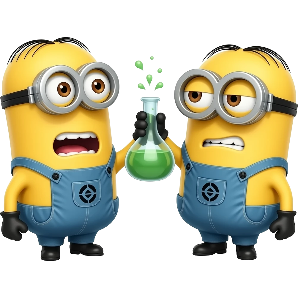 Bob the minion from despicable me with friend Stuart the minion. Both are in lab attire holding a valuable flask. Both in lab attire, fighting over the flask emoji