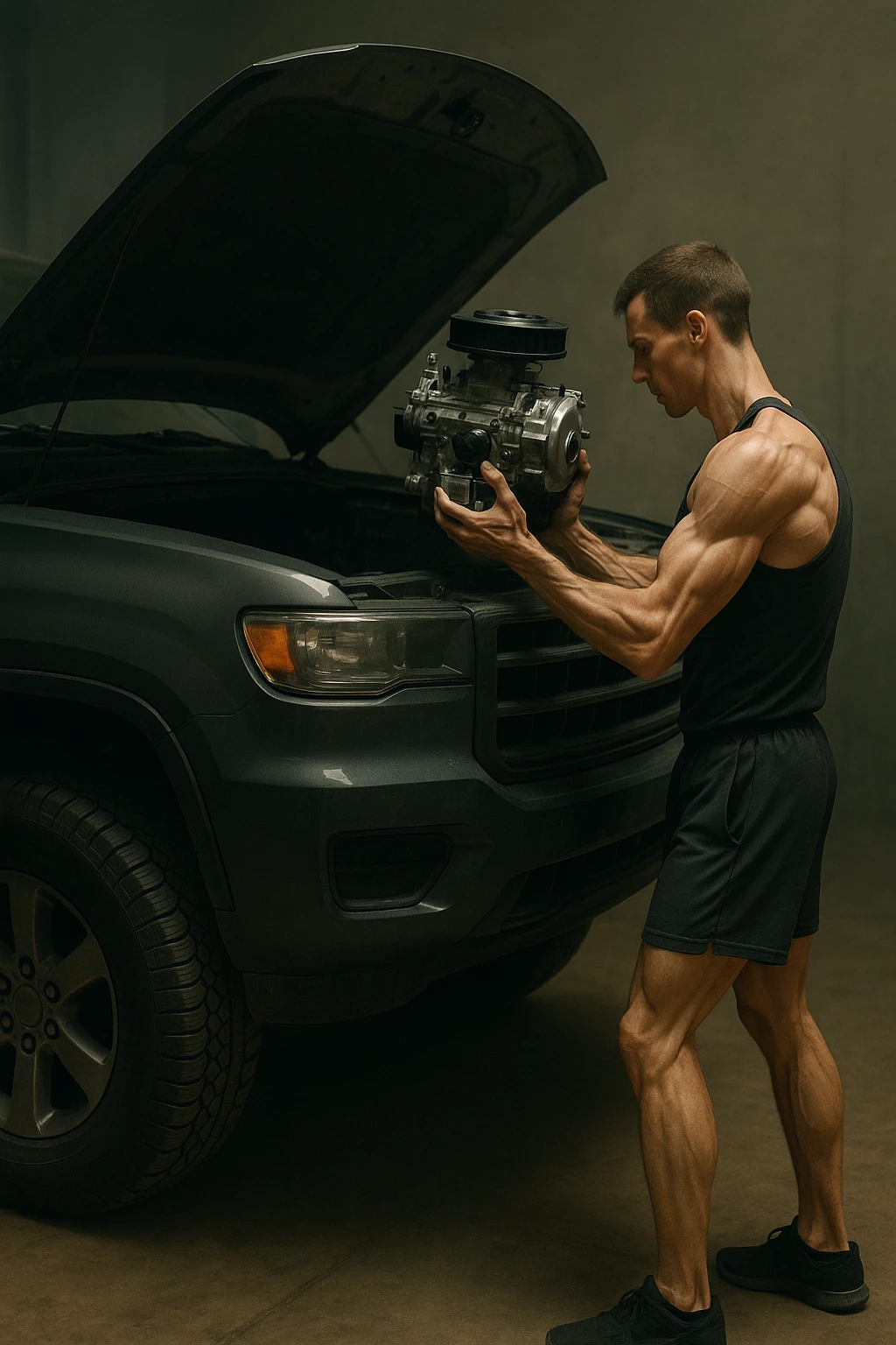 a lean, slimmed-down bodybuilder in gym clothes stands beside a large, imposing car (like an SUV or luxury sedan) with the hood open. Con attenzione e un po’ di fatica, solleva e installa un piccolo motore nel grande vano motore dell’auto. Il contrasto tra la stazza dell’auto e la dimensione ridotta sia del motore che del bodybuilder è evidente. L’atmosfera è riflessiva e simbolica. emoji