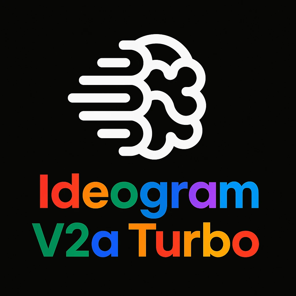 make a non gradient solid but colorful text of "Ideogram V2a Turbo", black background, add this logo too,  emoji