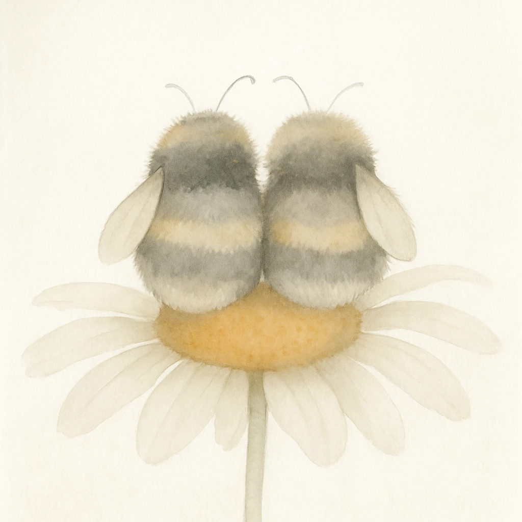 Two fluffy bumblebees sitting side by side on a daisy, viewed from behind, each bumblebee with only one wing visible, bright saturated colors, watercolor illustration in a children's book illustration style, light background. emoji