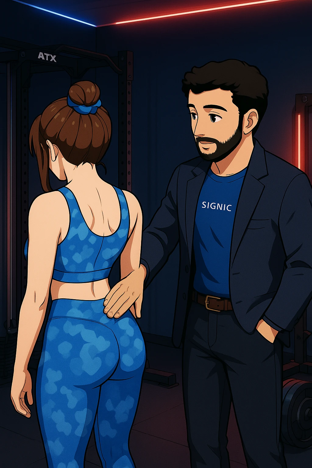 ispirati a questo stile di disegno e fai questa immagine in versione manga/webtoon a colori, il manga mostra la donna di spalle, mentre l'uomo le tocca la spina dorsale per spiegarle come funziona la scoliosi:
Con una scoliosi il baricentro corporeo cade maggiormente da un lato; per non cadere la schiena compensa accumulando tensione sul fianco opposto.
Il risultato? Si inclina e ruota sempre più, fino a che non cede (discopatie, artrosi, ecc) emoji