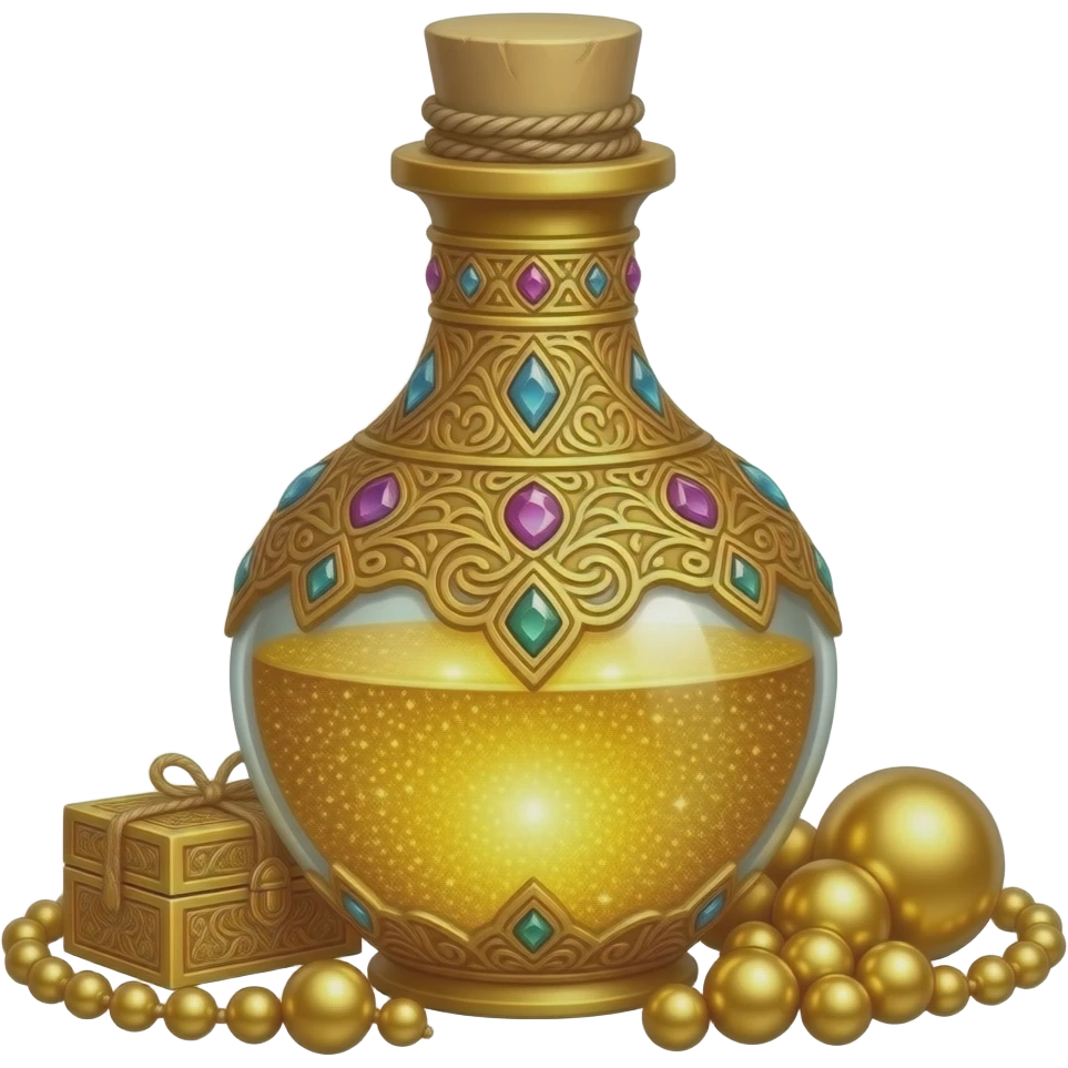 ornate golden potion bottle with intricate filigree, gemstones embedded, filled with shimmering luminous gold liquid, decorative cap tied with twine, surrounded by golden beads and an ornate box, glittering gold background, magical luxury aesthetic emoji