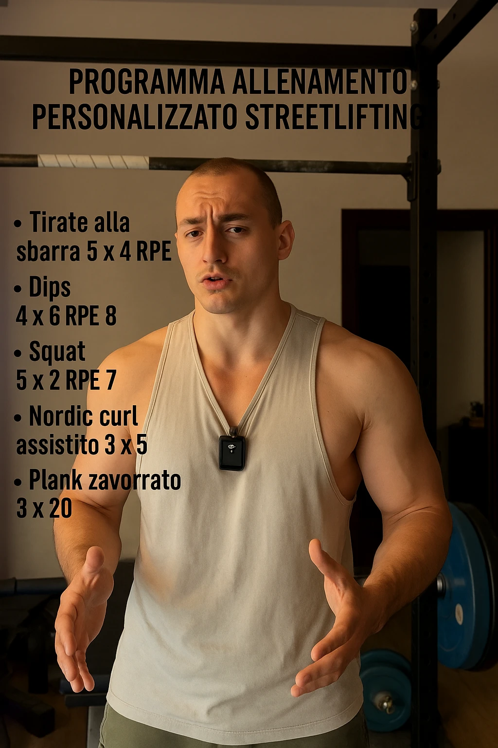 Uomo che crea un programma personalizzato per un suo cliente, sullo streetlifting, tutto in italiano emoji