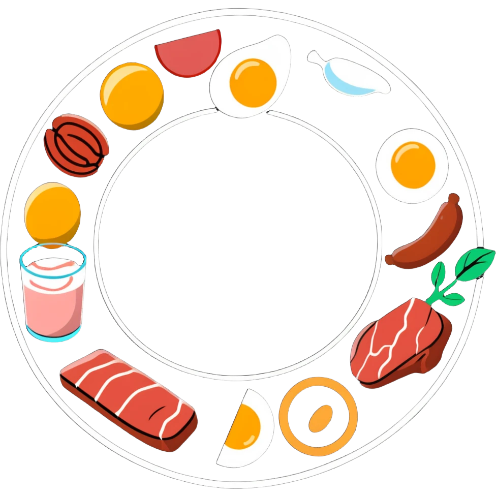 Close-up of glowing muscle fibers only, semi-transparent and pulsating with energy. Protein food icons (meat, egg, beans, tofu, yogurt) orbit around the muscle fibers in a warm energetic circle. emoji