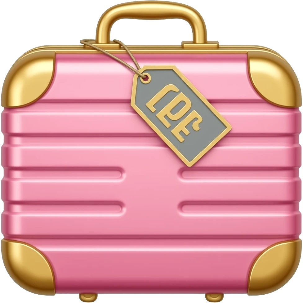 Luxury suitcase for a London girls trip, isolated, centered, no background, blush pink hard shell, gold handles, chic luggage tag, glamorous travel aesthetic emoji