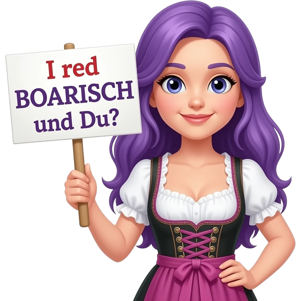 girl with long purple hair wearing a dirndl holding a I red BOARISCH und Du? sign emoji