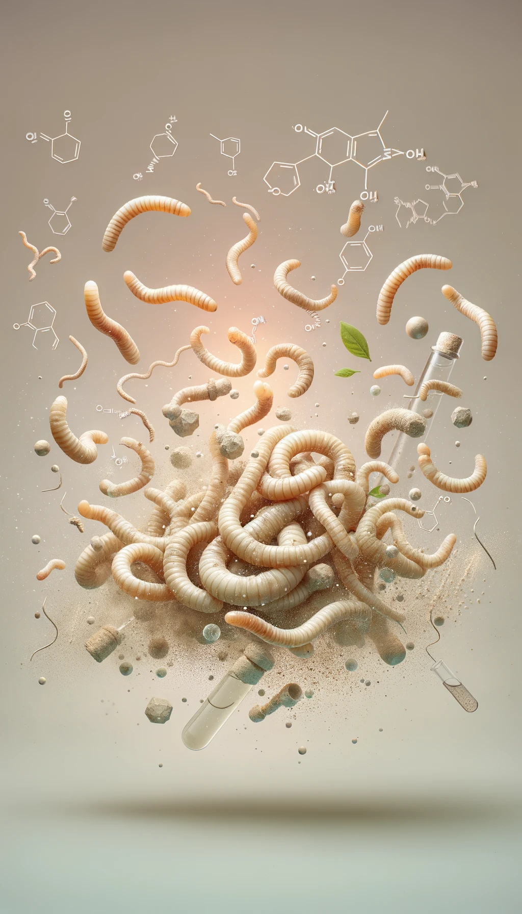 vermi beige chiaro fluttuano in aria insieme a particelle chimiche, sfondo neutro chiaro emoji