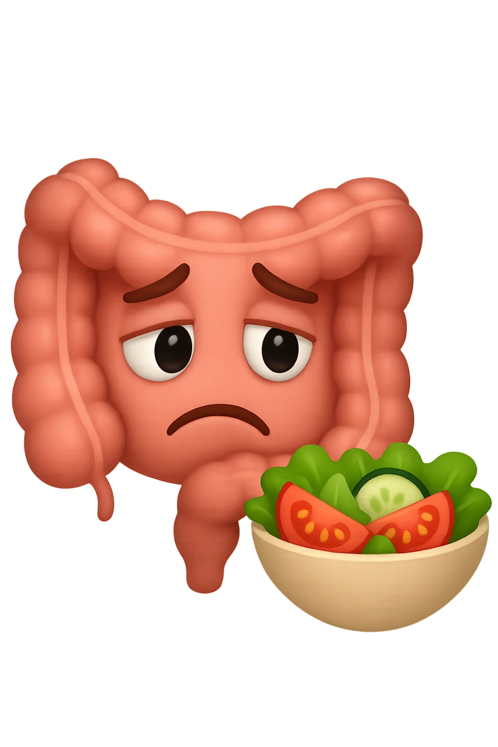 EMOJI STILE IPHONE DI UN INTESTINO UMANO ANATOMICO CHE GUARDA UN INSALATA CON ESPRESSIONE TRISTE E RASSEGNATA IN VOLTO: SOFFRE LA FAME PERCHé è A DIETA, FAGLI ANCHE LA PARTE BIANCA DEGLI OCCHI, NON SOLO LE PUPILLE emoji