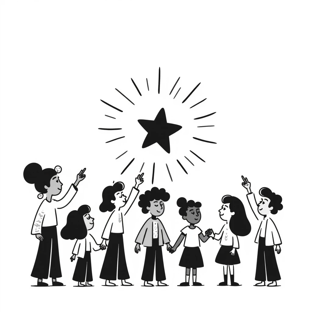 hand-drawn warm illustration of a teacher as a guiding North Star, radiating gentle light and surrounded by people looking up for guidance emoji