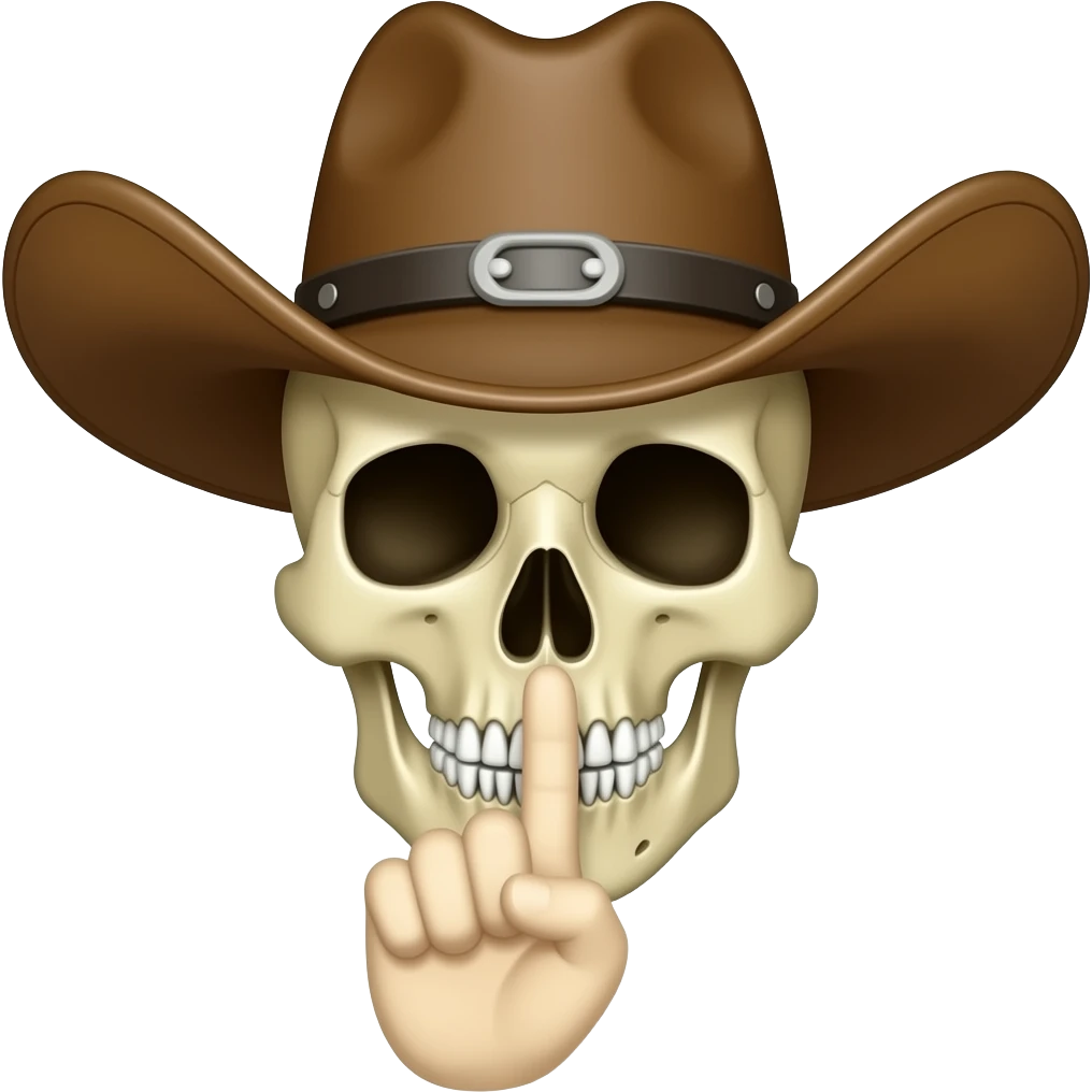 Cowboy Skull with his index finger to his lips, shhhh emoji