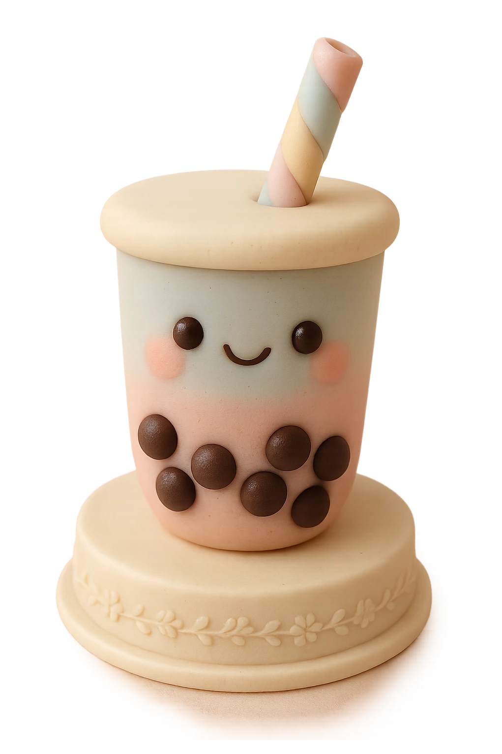 adorable pastel bubble tea with smiling face, tapioca pearls, and a straw emoji
