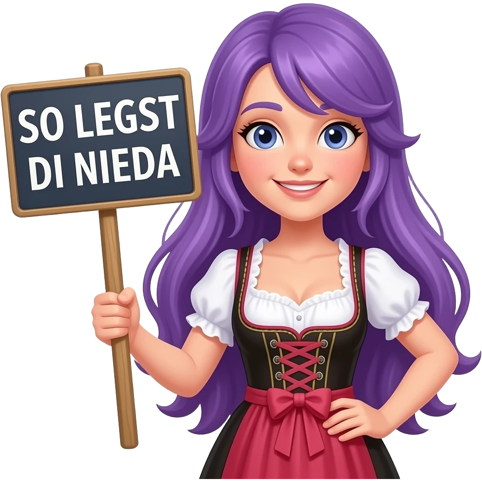 girl with long purple hair wearing a dirndl holding a SO LEGST DI NIEDA sign emoji