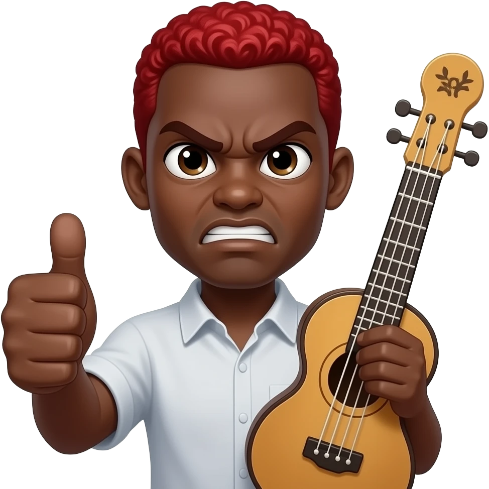 give me a funny black-skinned guy emoji png who's showing with his thumb that everything fine, also on the other hand he holds a jumbo instrument he should have red hair and his eyes being weird wide his face expression should be mad even tho his showing thumb up and hes eyes should be really small emoji