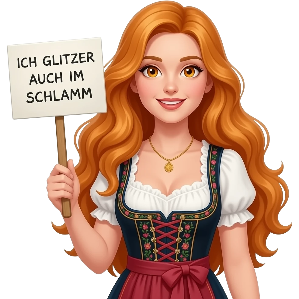 sexy girl with overlong ginger hair and ginger eyes wearing a dirndl holding ICH GLITZER AUCH IM SCHLAMM sign emoji