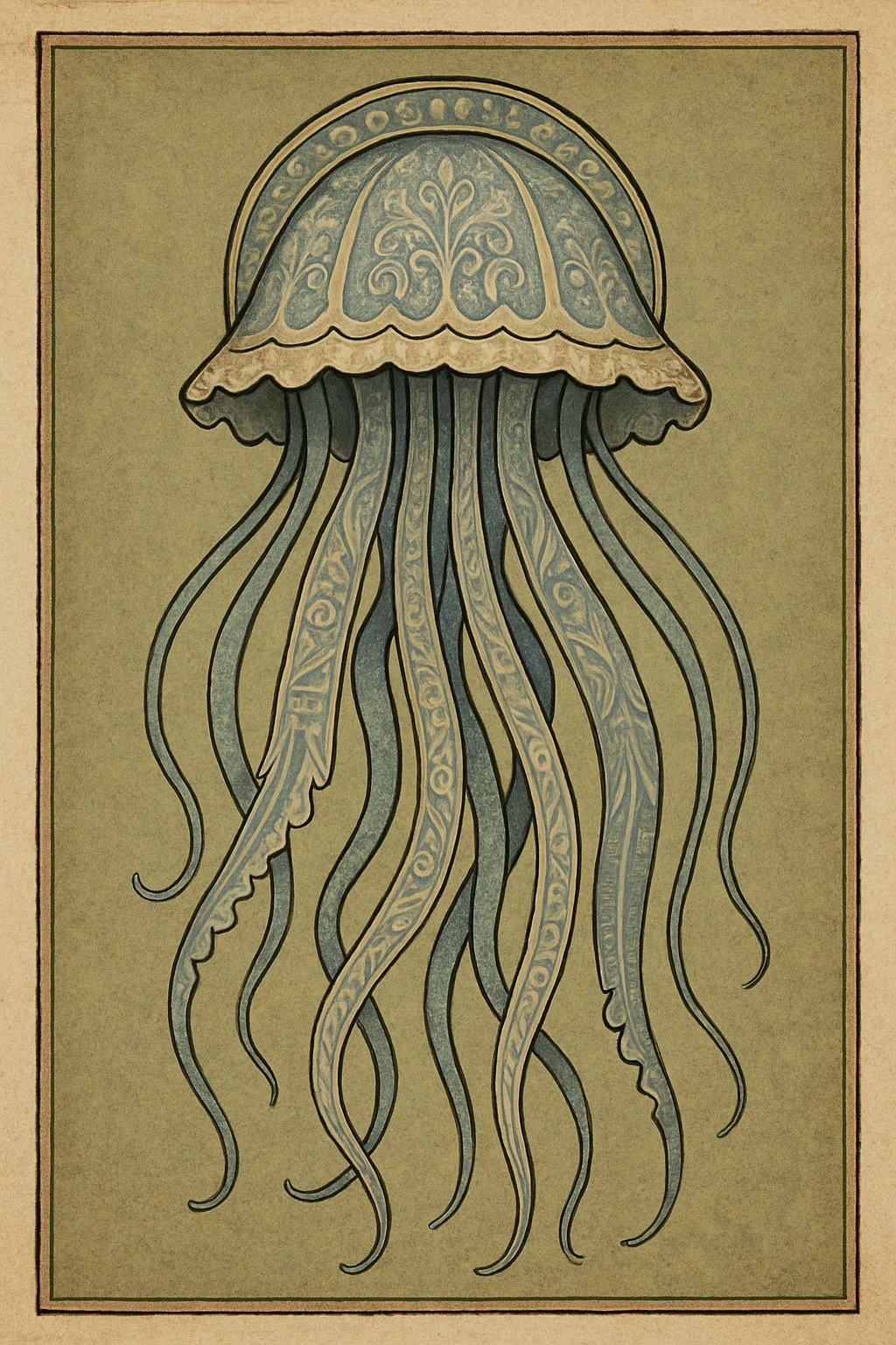 a beautiful jellyfish with a medieval design, intricate details, illuminated manuscript style, ornate patterns, rich colors, fantasy medieval art emoji