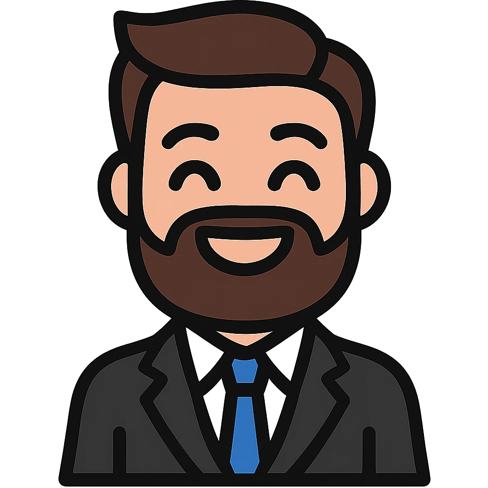 Create a simplified, vector-style Twitch emoji version of the person in the photo. Focus on the face and upper torso, dressed in a suit, with a happy, smiling expression. Background should be transparent and the style should be clean and minimalistic, suitable for Twitch emoji use. emoji