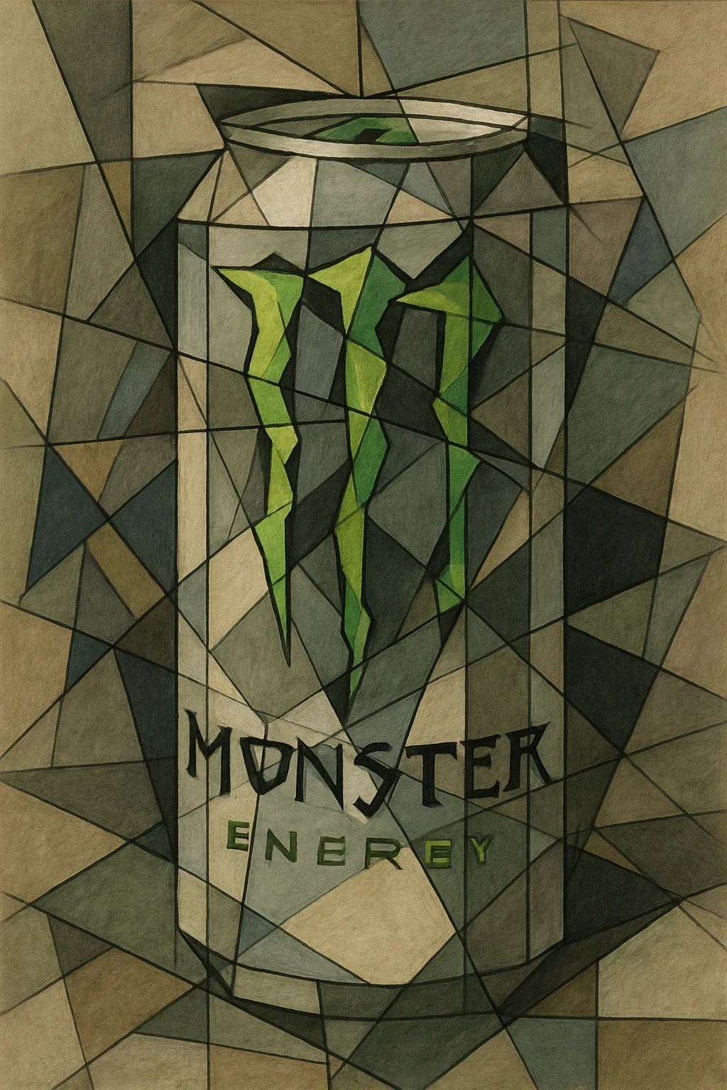 monster energy drink can, cubist abstraction style, geometric shapes, abstract composition emoji
