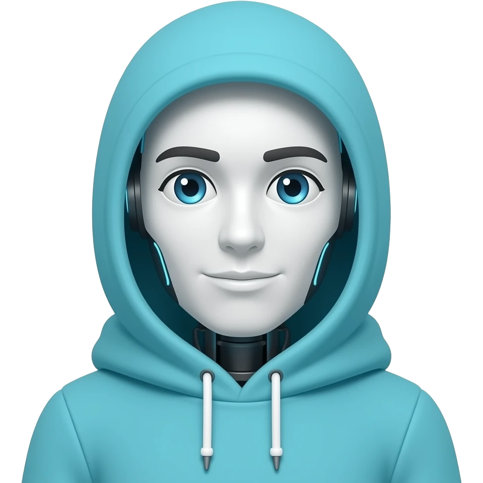 Robot in cyan hoodie simple pixelated. no body emoji