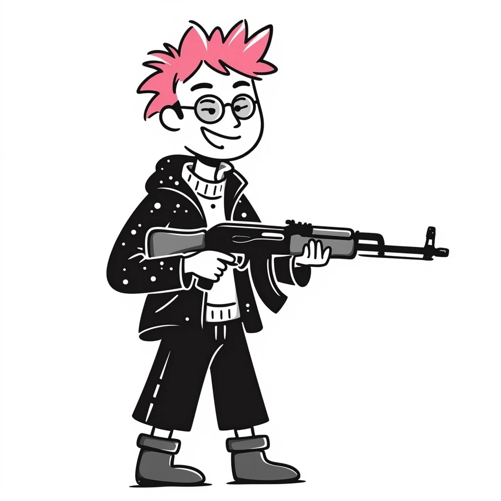 A punk guy with pink hair, wearing Harry Potter glasses, and holding an AK-47 emoji